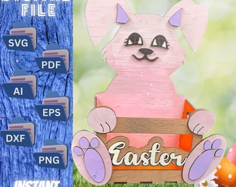 Archivo digital de cesta de caja de Pascua para cortadores láser - Cesta de sujeción de conejito con 7 opciones frontales