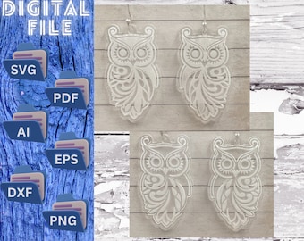 Paquete de 2 pares de aretes de búho Archivos SVG para máquinas láser y CNC - Versiones grabadas y grabadas al revés