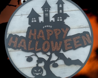 ハッピーハロウィーンお化け屋敷ドアサインドアハンガー - SVGデジタルファイル、Glowforgeおよびその他のレーザーカッター専用