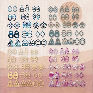 Może przedstawiać: Zestaw 36 par kolczyków wycinanych laserowo w różnych geometrycznych kształtach i wzorach. Kolczyki są wykonane z drewna i mają różne kolory i wykończenia, w tym naturalne drewno, niebieski i różowy.