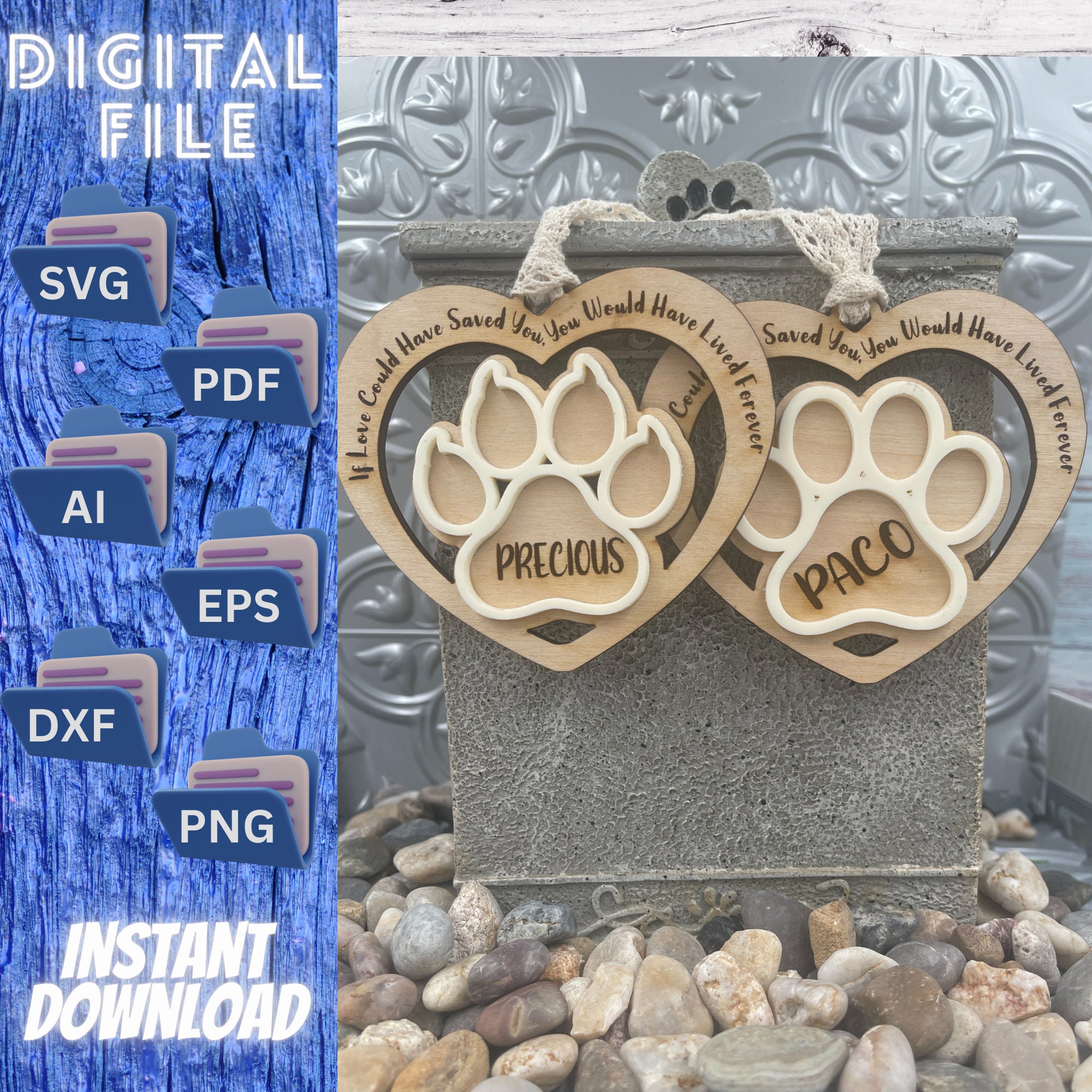 Personalized Pet Cat and Dog Paw Print Memorial Ornament SVG File for Laser, Cricut & CNC Machines