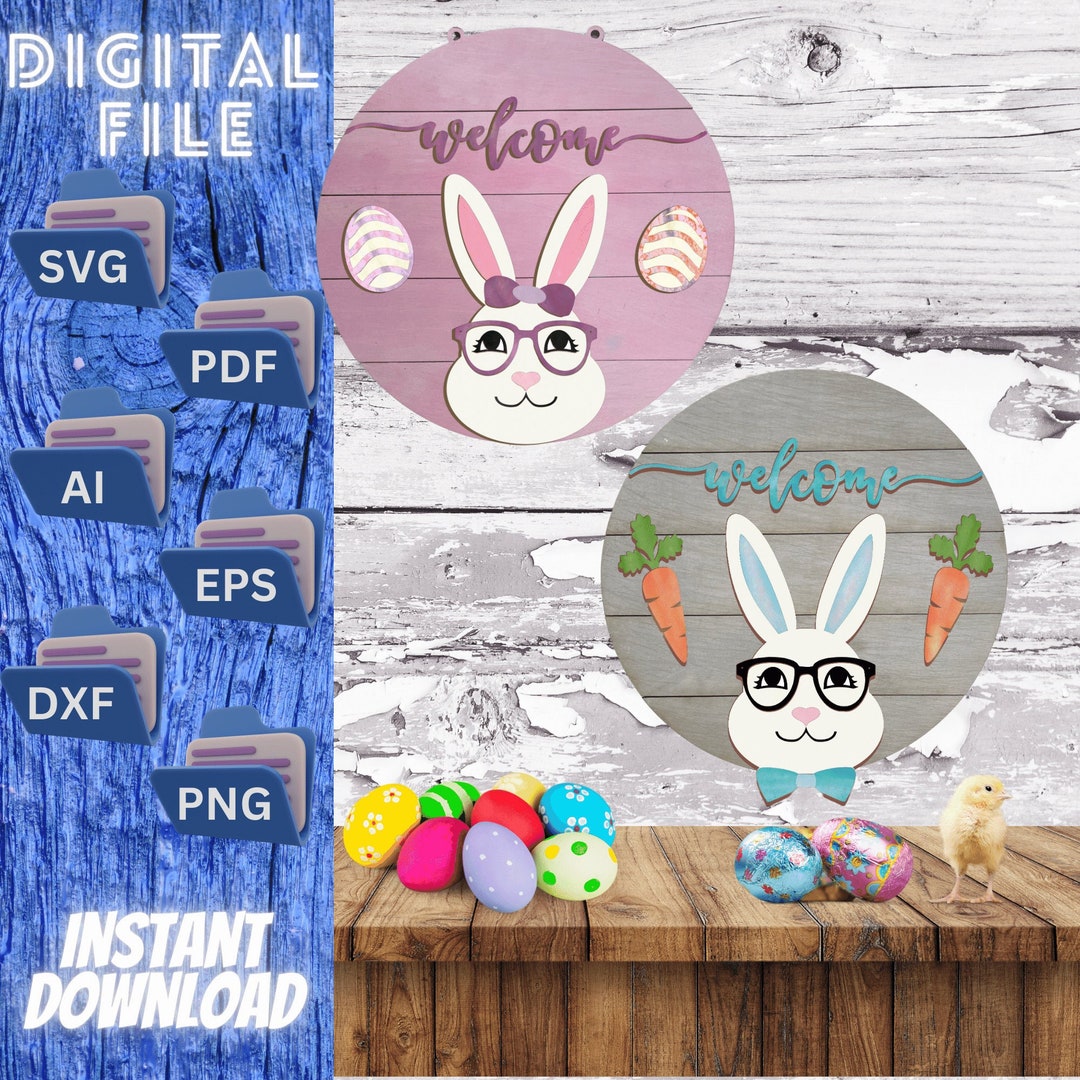 Easter Round Door Hanger SVG File - Adorable Rabbit Designs With Easter ...