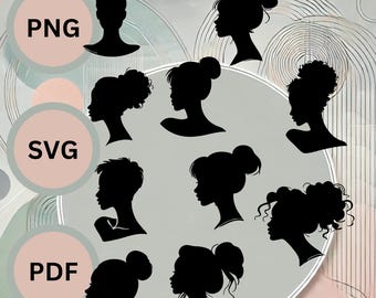 Paquete SVG de silueta de cabeza femenina / 10 peinados de retrato de mujer / archivos de corte svg, png, pdf para Cricut, Glowforge y otros dispositivos de corte