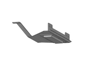 May include: A silver metal car part with a flat surface and a curved arm extending out. The part has several holes and a rectangular cutout.