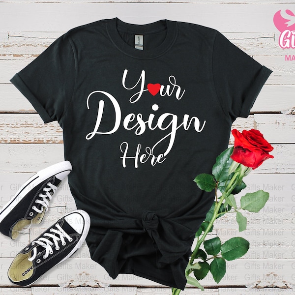 Black 64000 Gildan Mockup, flat lay Gildan 64000, Black Unisex TShirt Mockup, Valentine's Day TShirt  Mock up, Valentines Shirt Mockup jpg