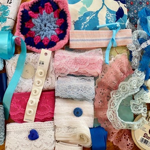 Huge Lot of Vintage Lace Buttons Ribbons. Slow Stitching Kit  Blue Pink White. Creative uses. Card making, sewing, scrap junk journal. Relax