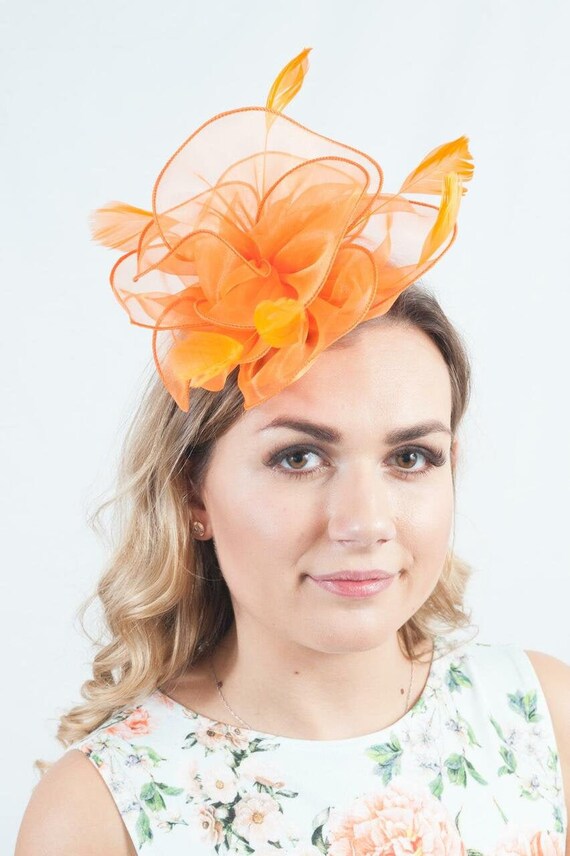 Orange Organza Tulle Feather Fascinator 