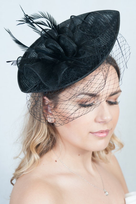 Fascinator Hat Wedding Sinamay Black Netted & Feathered on Headband Brand New 