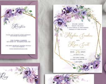 Purple Wedding Invitation Suite, Printable Wedding Invitation Set, Printable Template Digital Download W13