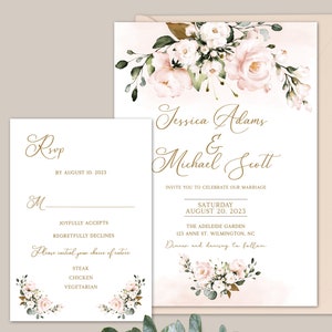 Wedding Invites, Blush Pink Floral Wedding Invitation with Template