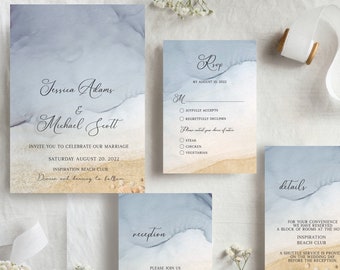 Beach Wedding Invitation, Ocean Wedding Invitation Suite, Wedding Invites, Beach Wedding Invitation Download, W159