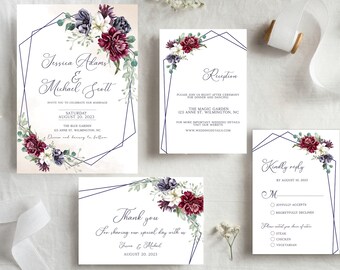 Burgundy Floral Wedding Invitation Set, Printable Suite Digital Download