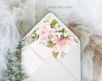 Floral Envelope Liner Template, Blush Pink Flowers Instant Print