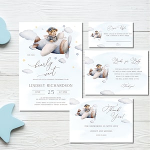 Bear Airplane Baby Shower Invitation for Boys, Editable Baby Shower Invitation BS53