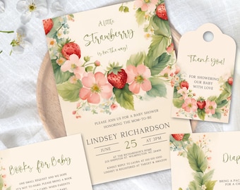 May include: A baby shower invitation with a watercolor illustration of strawberries and flowers. The invitation is for Lindsey Richardson and is themed "A Little Strawberry is on the Way!" The invitation includes the date, time, and location of the shower. There is also a thank you tag with a similar design and the text "Thank you! For showering our baby with love."