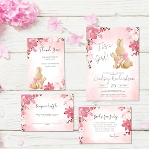 Modèle d'invitation de baby shower imprimable à motif de lapin floral blush | Invitation de fille modifiable à télécharger numérique