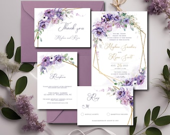Purple Wedding Invitation Suite, Printable Invitation Templates Digital Download W13