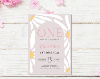 Modèle d'invitation d'anniversaire pour fille, invitation pour le 1er anniversaire à télécharger au format numérique