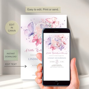 May include: A baby shower invitation with watercolour butterflies in pinks and purples. The invitation says "A little butterfly is in the way!" and includes event details. The design is displayed on a smartphone and a printed card.