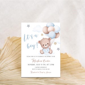 Aanpasbare babyshoweruitnodiging met teddybeer voor jongens - afdrukbare uitnodiging voor het onthullen van het geslacht van het kind, BS110