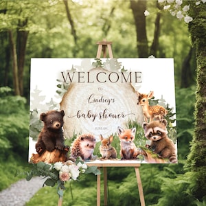 Afdrukbare sjabloon voor welkomstbord voor babyshower in het bos, babyshower met bosdieren, digitale download, BS17