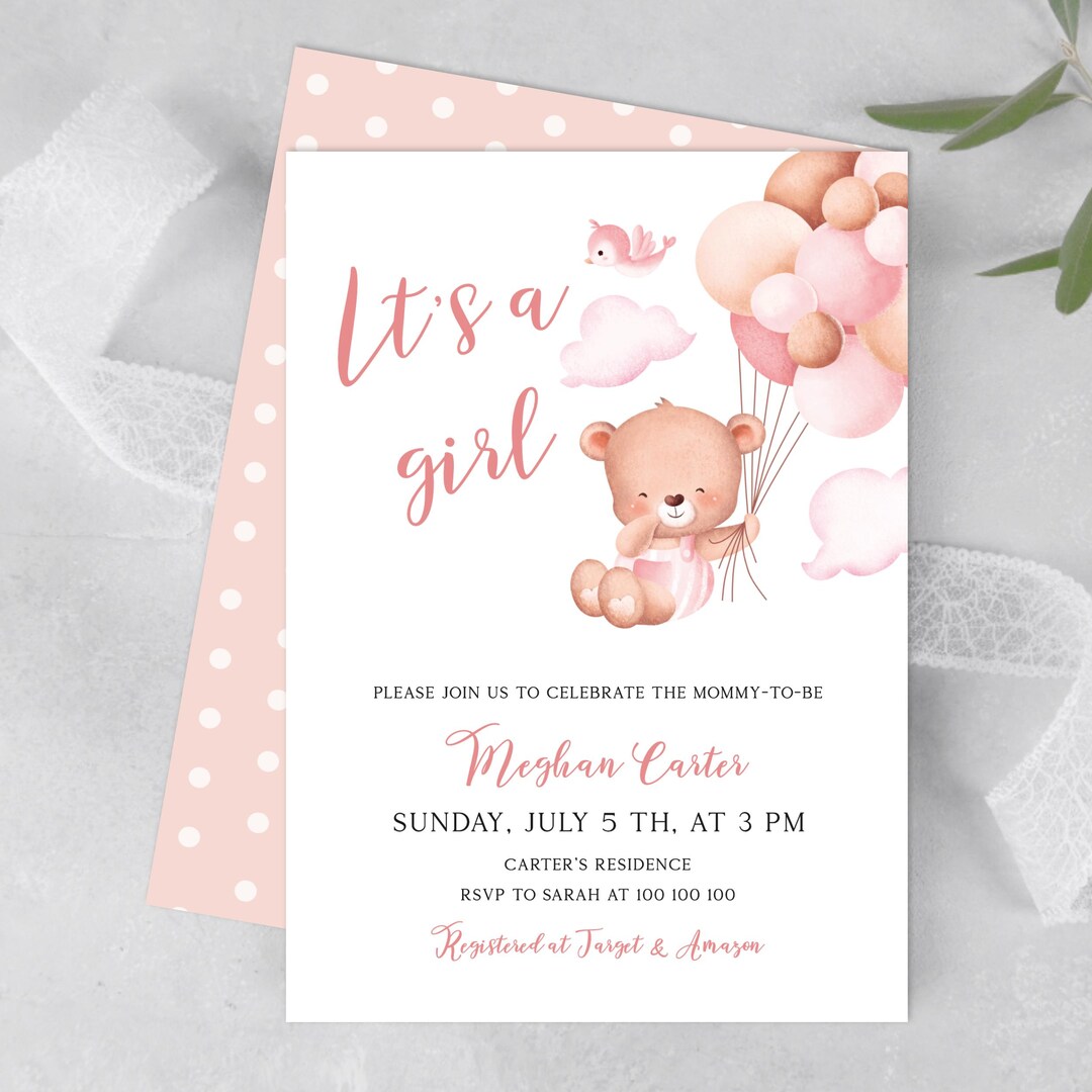 Pink Balloons Baby Shower Invitation, Teddy Bear Baby Girl Invite ...
