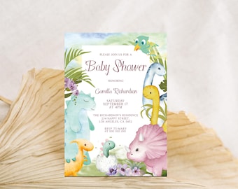 Einladung zur Babyparty mit Dinosauriermotiv, süße Dino-Einladung, druckbare Einladung zum sofortigen Download
