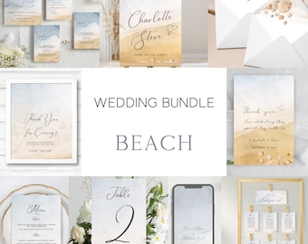 Può includere: Pacchetto stampabile per matrimonio in spiaggia con sfondo acquerello blu e beige. Il pacchetto include un cartello di benvenuto, numeri di tavolo, un menu, un biglietto di ringraziamento e un piano di posti a sedere.