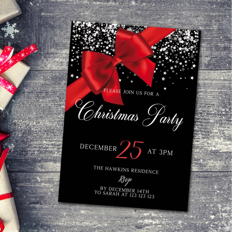 Christmas Party Invitation, Black and Red Invitation Template ...