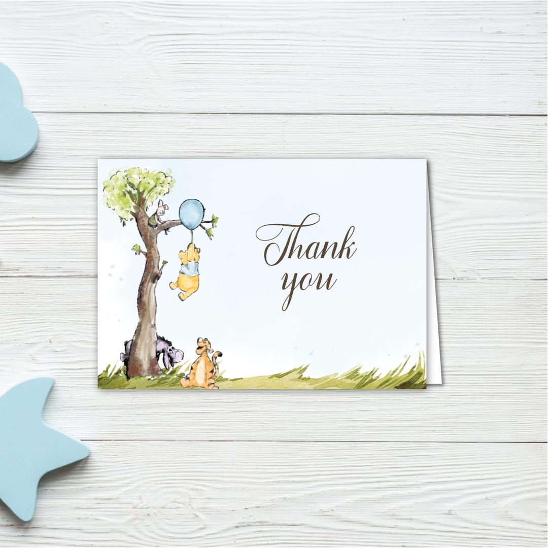 Winnie the Pooh Thank You Card Template, Blue Balloon Piglet