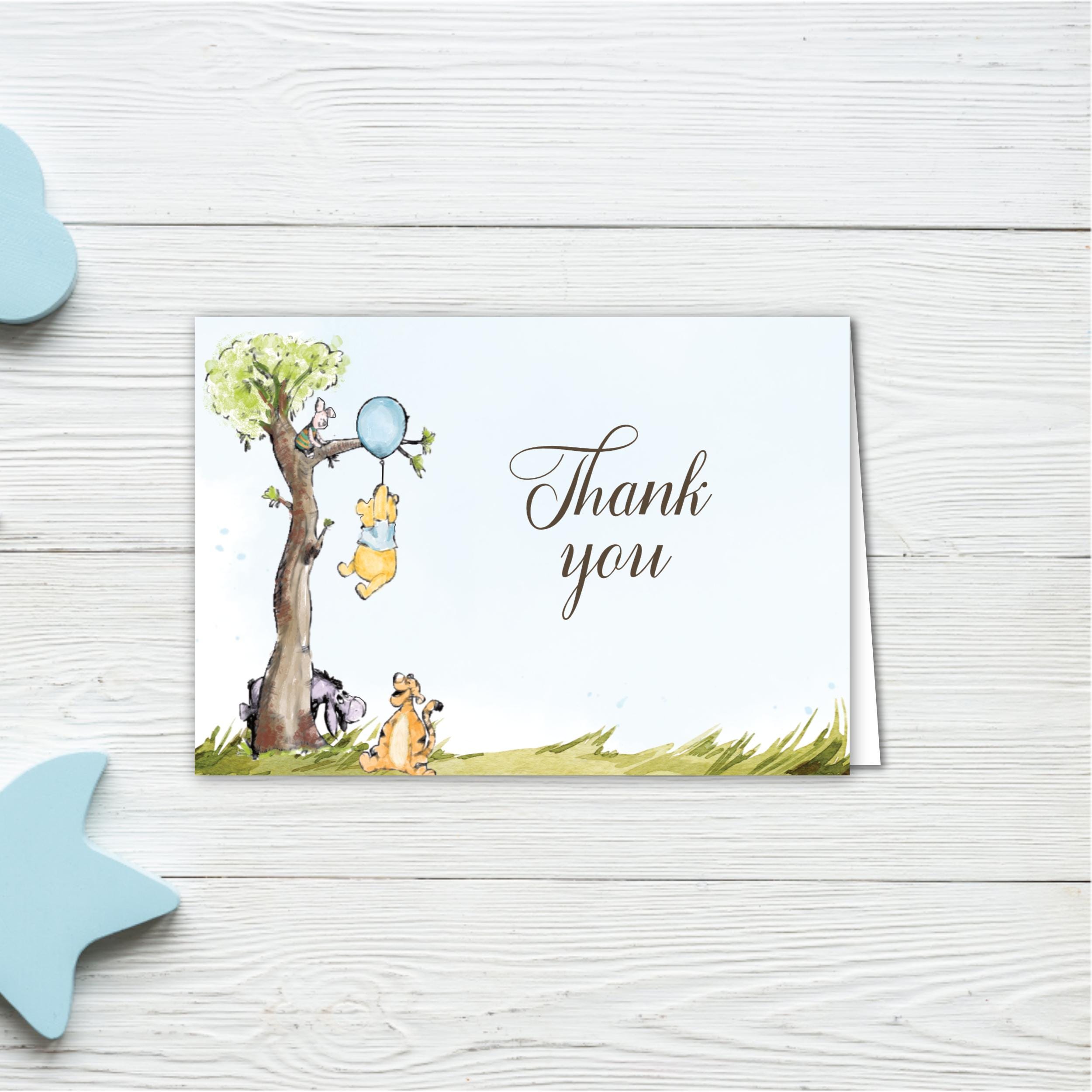 Winnie the Pooh Baby Boy Shower Thank You Card - Blue Balloon