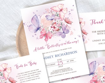 Butterfly Baby Shower Invitation Set for Girls, Editable Summer Invitation,