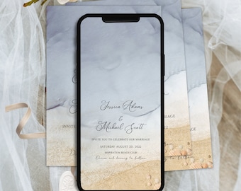 May include: A wedding invitation with a blue and white watercolor background and gold accents. The invitation reads "Jessica Adams & Michael Scott Invite you to celebrate our marriage Saturday August 20, 2022 Inspiration Beach Club Dinner and dancing to follow"