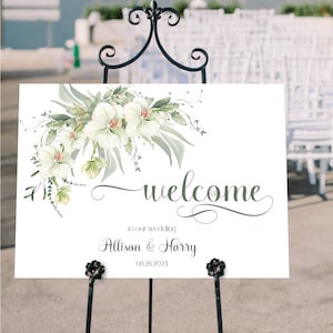 Wedding Welcome Sign with Greenery and White Flowers Welcome Sign Template