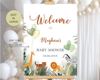 Editable Jungle Baby Shower Welcome Sign, Safari Animals First Birthday Poster Template, BS87