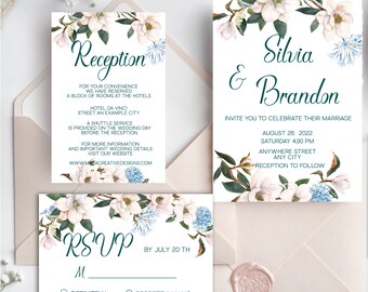 Wedding Invitation Template, Magnolia Flowers, Wedding Invite Suite, Editable Template
