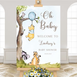 Winnie The Pooh Baby Shower Segno di benvenuto, Boy Baby Shower Sign, Winnie the Pooh Maialino Palloncino blu, Decorazioni Baby Shower BS136