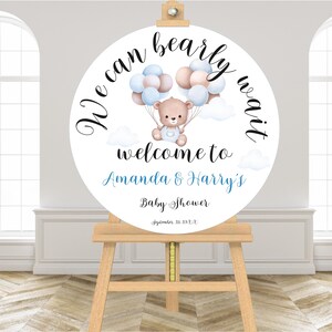 Teddy Bear Balloons Baby Shower Sign, Circular Welcome Sign, Editable Sign for Boys