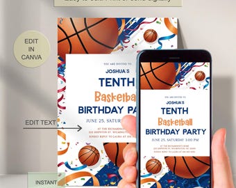 May include: A digital basketball-themed birthday party invitation template featuring orange basketballs, blue and orange ribbons, and confetti. The text reads: Joshua's Tenth Basketball Birthday Party, June 25, Saturday 3:00 PM, at the Richardson's home.