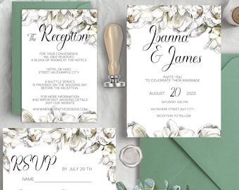 Magnolia Floral Wedding Invitation Suite, Editable Template Instant Download W94
