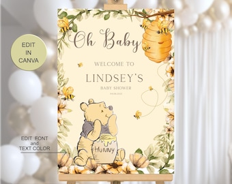 Winnie the Pooh Baby Shower Welcome Sign, Printable Classic Bear Decor, Instant Download