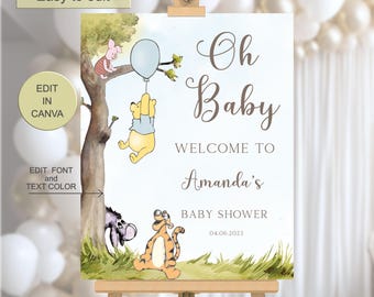 Cartello di benvenuto per baby shower a tema Winnie the Pooh, cartello per baby shower per maschietto, palloncino blu di Winnie the Pooh e Pimpi, decorazioni per baby shower BS136