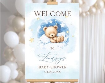 Teddy Bear Baby Shower Welcome Sign, Blue Decorations (Digital Download) BS135