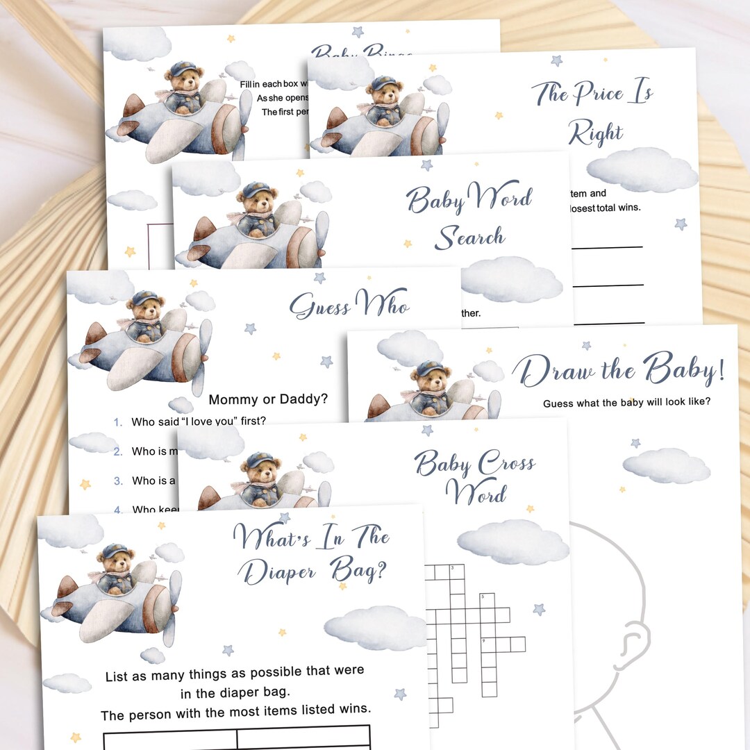 Blue Teddy Bear Baby Shower Games Bundle, Printable Bingo Instant Print ...