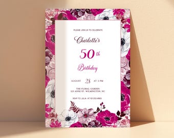 May include: A rectangular birthday invitation card featuring a white center with dark pink text reading Charlotte's 50th Birthday, August 28 at 3 PM, The Floral Garden 123 Anne St. Wilmington, NC, and RSVP to Julia at 101 203 4663, framed by magenta flowers.