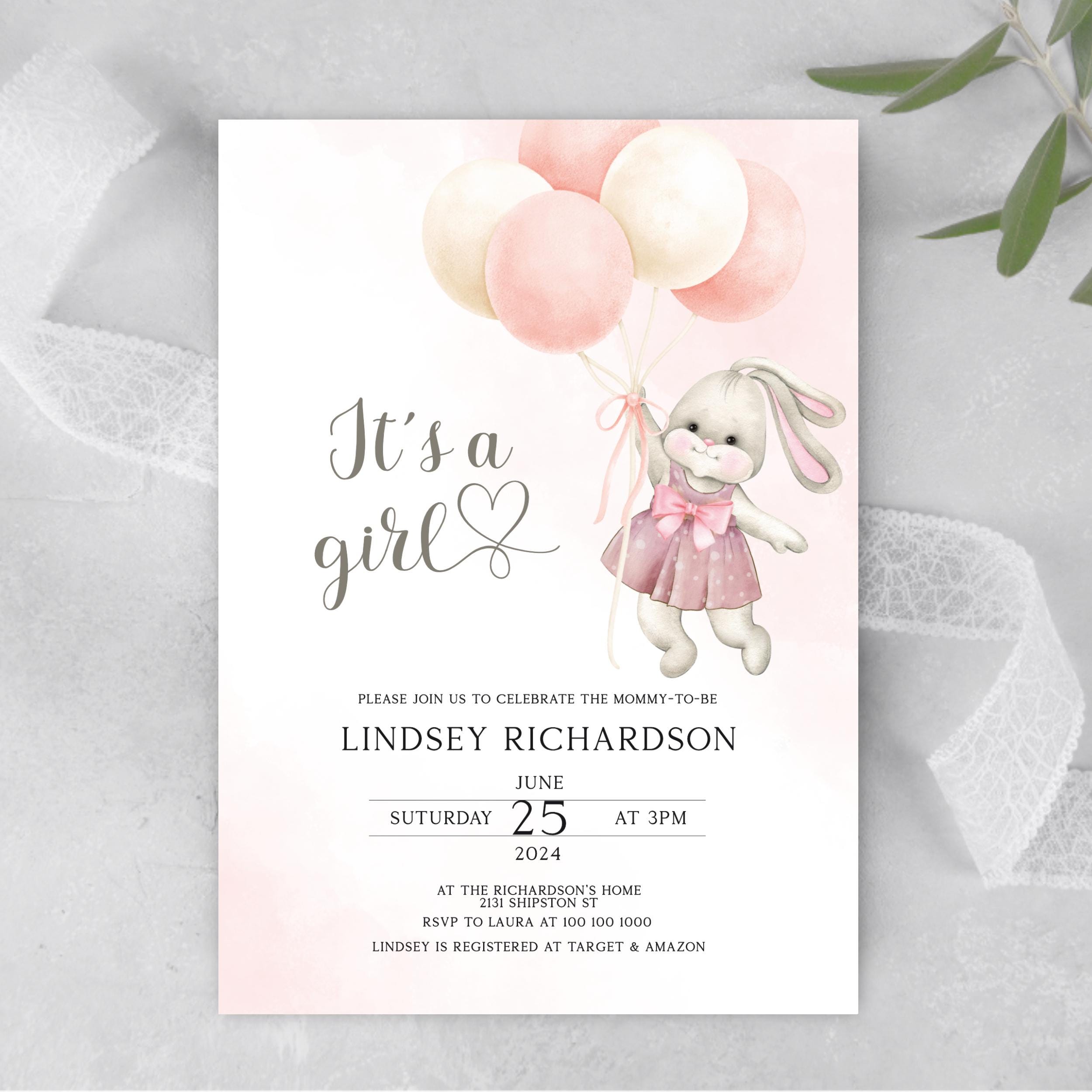 Editable Pink Bunny Balloon Baby Shower Invitation for Girls - Digital ...