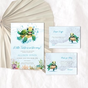 Uitnodiging voor een onderwaterbabyshower voor een jongetje: afdrukbare sjabloon met schildpaddenthema voor een door de zee geïnspireerde viering, BS67
