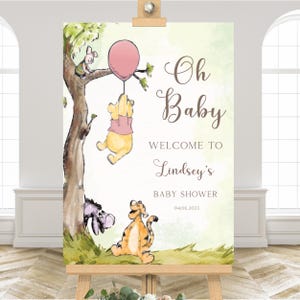Winnie The Pooh Baby Shower Welcome Sign, Winnie the Pooh Piglet Pink Balloon Digital Download, BS136
