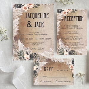 Pampas Wedding Invitation, Boho Wedding Invitation Suite, Wedding Invites Set Template, W89