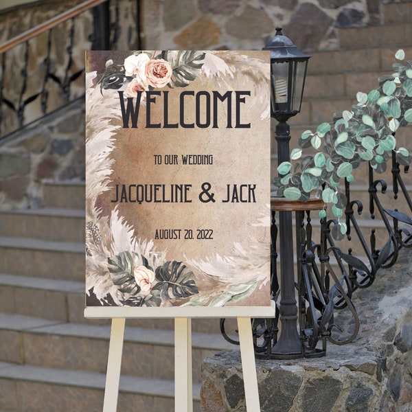 Boho Wedding Welcome Sign, Pampas Grass, Welcome Sign Template, Printable Welcome Sign Template